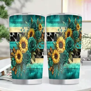 1pc 20oz Sunflower & Turquoise Roses Insulated Stainless Steel Tumbler with Golden Accent - Leakproof BPA-Free Travel Mug, Double-Wall Vacuum Insulation Vacuum Cup Cup for Hot/Cold Drinks, Elegant Floral Design Water Bottle for Office, Camping, Gym
