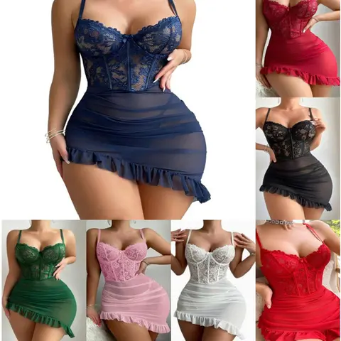 Women's 2-Piece Lingerie Set - Breathable Underwire Bodycon Dress, Ruffle Floral Lace, Sheer Mesh Thong, Underwear for Women That Accentuates Natural Curves