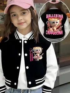 Girls' Two-Sided Print Baseball Jacket, Ballerina Cappuccino Design, Casual Loose-Fitting Outerwear for Ages 4-12, Fall & Winter Fashion, Casual Cute Outerwear