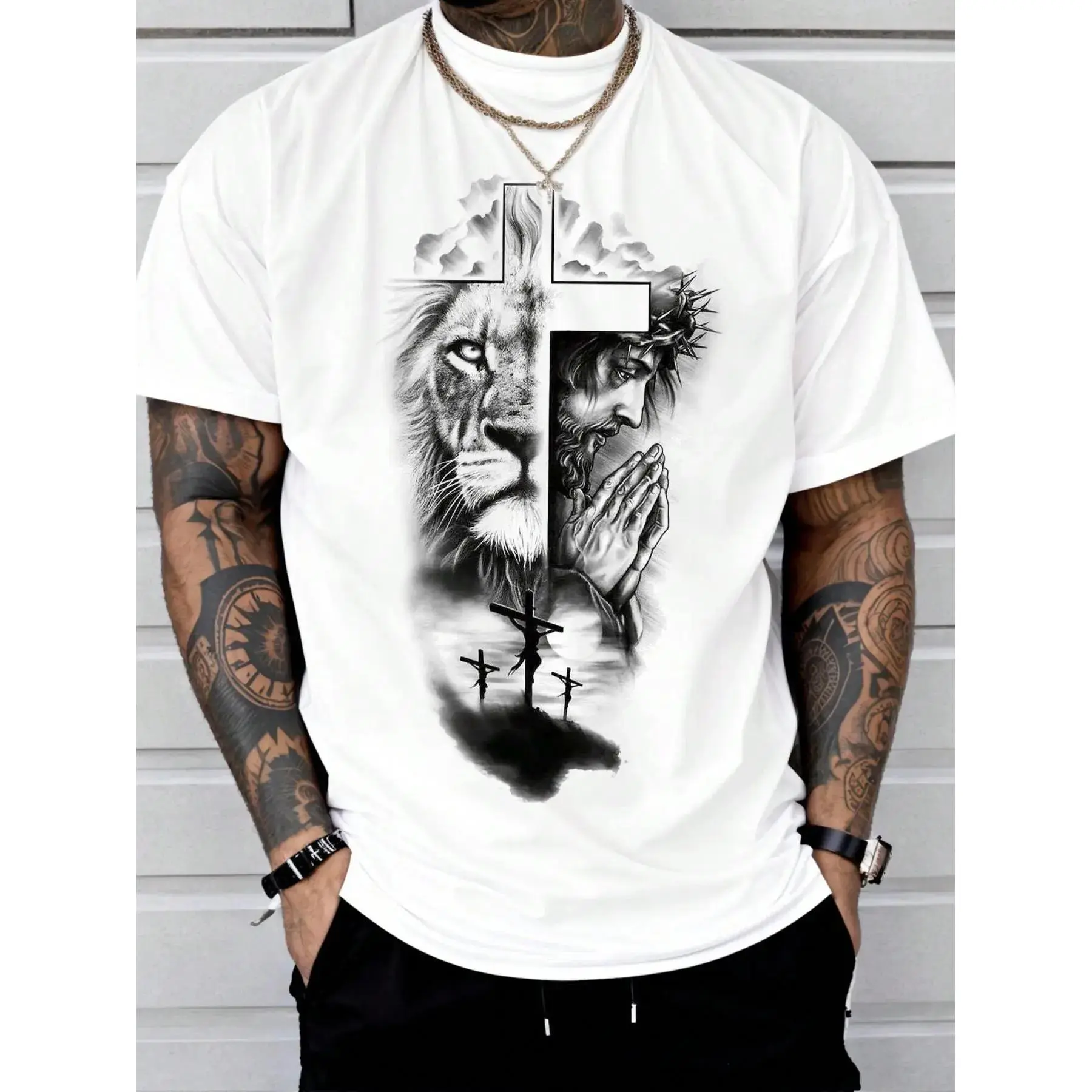 Men's fashionable and versatile, lion and Jesus pattern casual printed round-neck T-shirt, summer regular style casual short-sleeve round-neck T-shirt, stylish men's daily wear top
