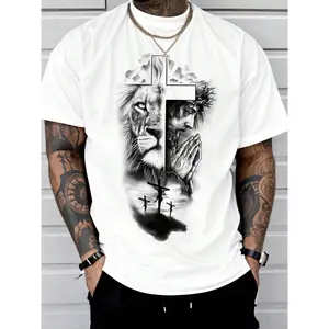 Men's fashionable and versatile, lion and Jesus pattern casual printed round-neck T-shirt, summer regular style casual short-sleeve round-neck T-shirt, stylish men's daily wear top