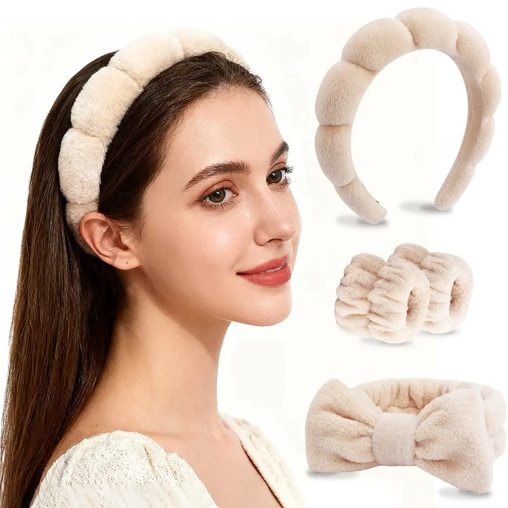 Cloud Pattern Headband & Bracelet Set, Coral Fleece Fluffy Hair Band Accessory, Adjustable Headband, Soft Spa Headband for Women Facial Cleansing and Makeup