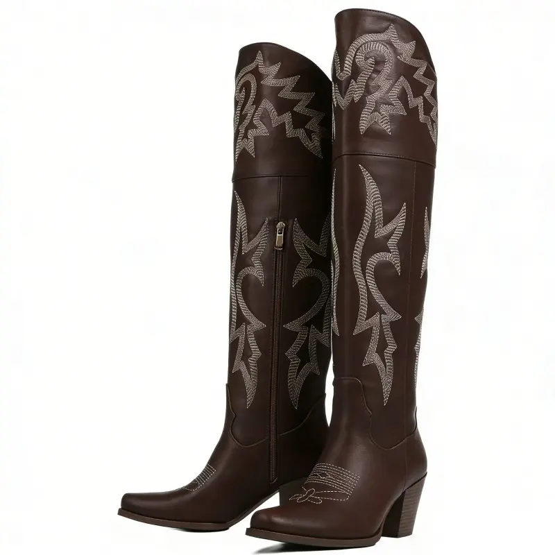AOSPHIRAYLIAN Women's Knee-High Western Cowgirl Boots, Vintage Embroidered Faux Leather Footwear, Square Toe Block Heel Platform, Waterproof for Party Country Concert Western Wear for Women, Chic, Alternative Style, Rodeo Outfit Inspo, Cool Girl Aesthetic
