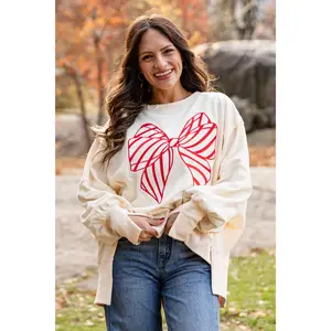 FINAL SALE - Ivory Peppermint Bow Pullover
