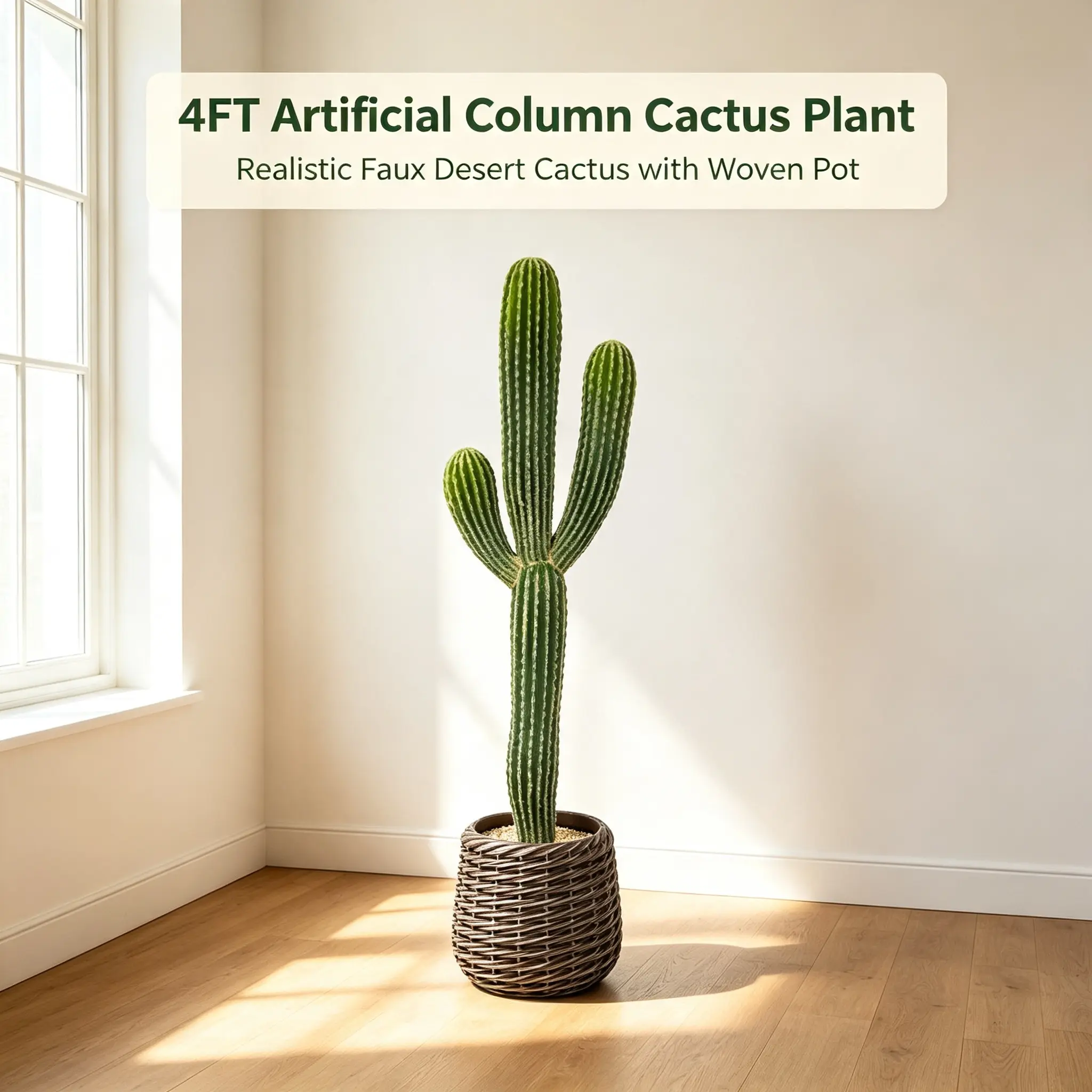 4FT Realistic Artificial Saguaro Cactus Plant, Faux Desert Cactus with Dark Woven Rattan Pot, Low Maintenance Fake Floor Succulent for Boho Entryway, Living Room & Indoor Home Decor dry