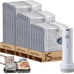 Cordless Travel Vacuum Storage Compression Bag Set – 15-Pack in 3 Sizes – 140L/Min Powerful Air Removal – USB Rechargeable Handheld Pump with Built-In Battery – Waterproof & Reusable Space Saver for Clothes & Packing, Perfect for Carry-On Suitcases
