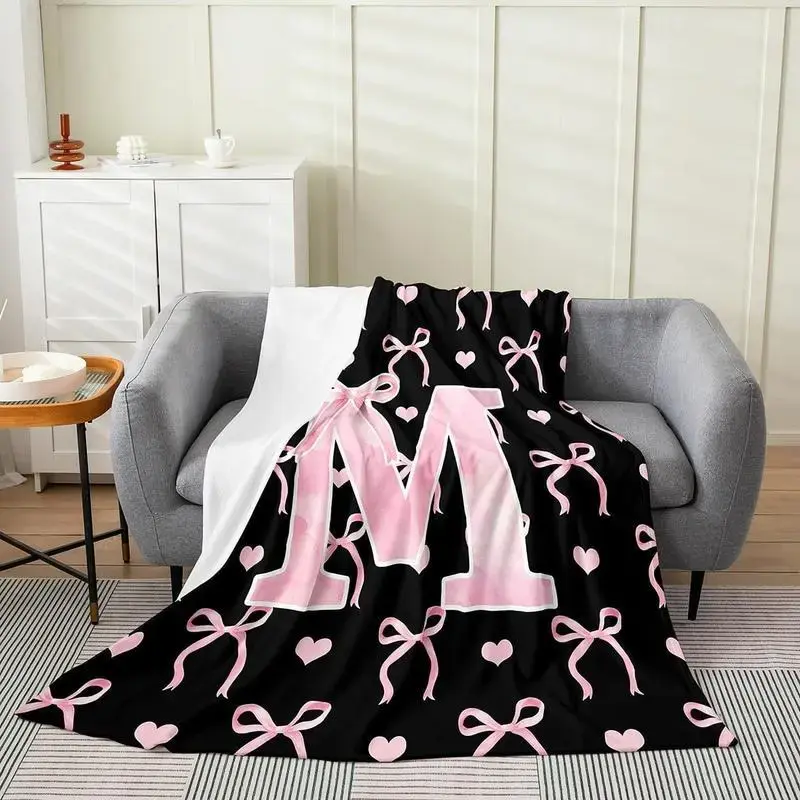 Initial Letter A-Z Flannel Blanket Throw for Girls, Black Pink Alphabet Flannel Blanket, Monogrammed Gifts for Daughter Women Teen Girls,Customized Blanket for Bedding Bedroom Office,multiple Size