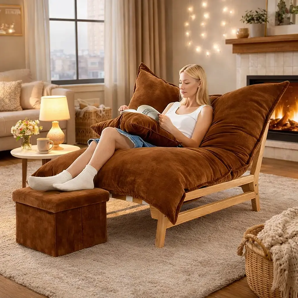 Naudacaa Oversized Bean Bag Chair, Chaise Lounge Chair Set – Reading Chair with Storage Ottoman & Pillow, Modern Comfy Lazy Boy Recliner Chair for Adults, Accent chair Perfect for Napping, Relaxing & Living Room or Bedroom