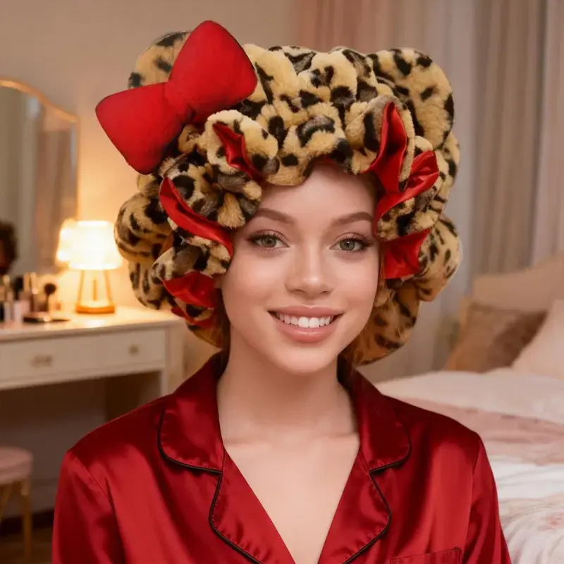 Leopard Print Satin Sleep Cap with Bow & Bear Ears, Soft Hair Bonnet for Nighttime Hair Protection, Bonnets for Sleeping sohochic