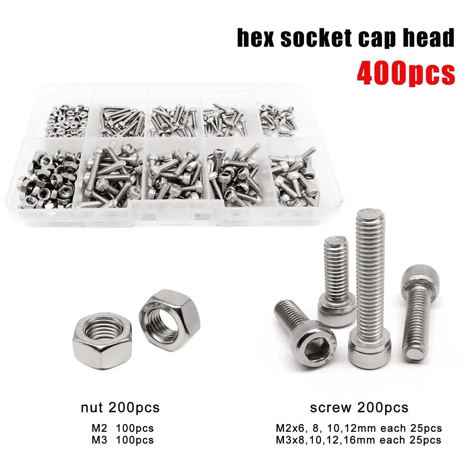 400Pcs M2 & M3 Hex Socket Cap Screws and Nuts Assortment Kit, 304 Stainless Steel Allen Machine Bolts in Multiple Lengths for Electronics Repair, 3D Printing, Mini Machinery & DIY Assembly Projects