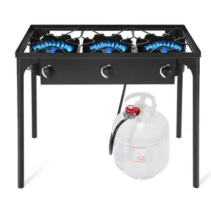 GEEKHOM 3 Burner Propane Gas Stove for Outdoor Cooking, 225,000 BTU Camping Cooker with Removable Legs, Temperature Control Knobs for Backyard Cooking, BBQ, Baking and Frying