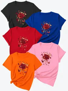 Women's Floral Print Round Neck Tee, Casual Short Sleeve Crew Neck T-Shirt for Daily Wear, Ladies Clothes for All Seasons, Top