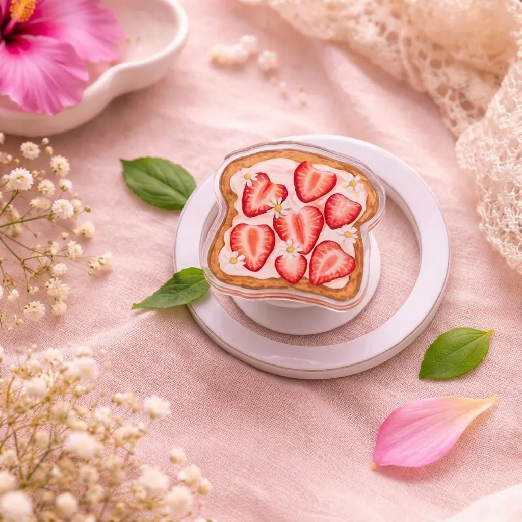 "Strawberry Toast" Cute Foodie Phone Grip Clear Acrylic Griptok - Aesthetic Kawaii Bread with Strawberries Cell Phone Stand Holder, Cottagecore Kindle Ereader Ring Accessory, Unique Gift for Food Lovers