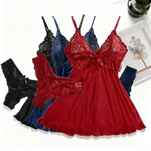 3pcs Lace Babydoll Sleepwear Set, V-Neck Floral Mesh, Adjustable Straps, Delicate Ruffle Trim, Trendy Split Hem, with Matching Panty, Gift-Ready for Valentine's Day And Anniversaries, Christmas And Halloween Costumes