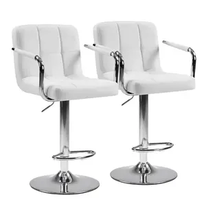 Modern Swivel Bar Stools Set of 2, Adjustable Height 24-32 Inch, PU Leather Upholstered Counter Height Chairs with Armrests and Back, 350 lbs Capacity for Home Bar