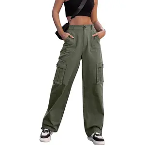 Women High Waisted Cargo Pants Wide Leg Pants 6 Pockets Combat Military Trousers