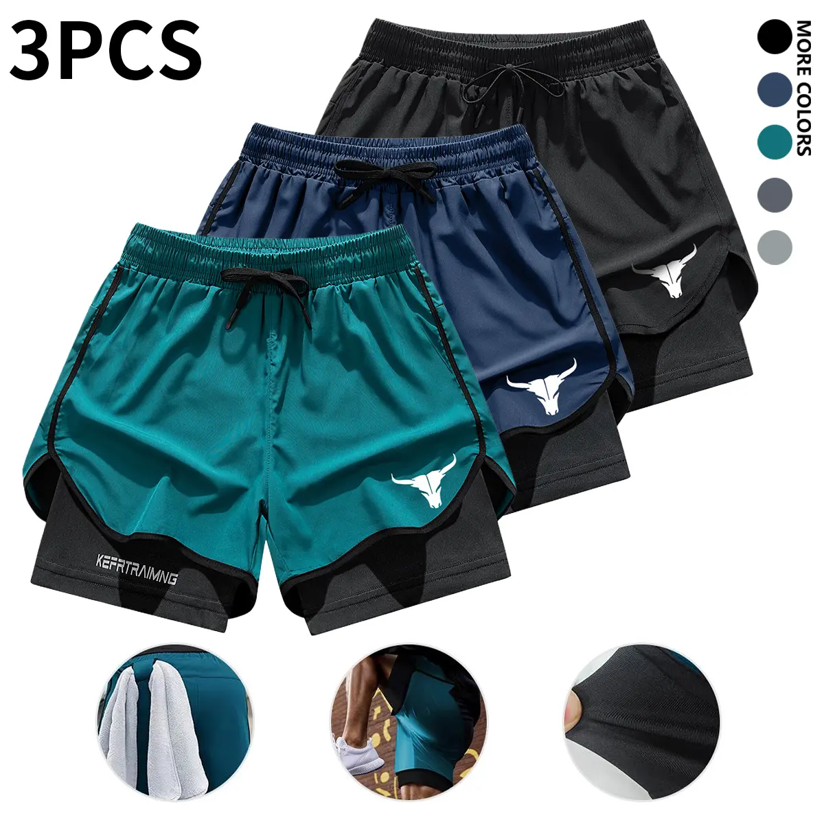 Men’s 3-Pack Beach/Sand Two-in-One Quick-Dry Breathable Training Shorts with Bull Head Print for Fitness and Running