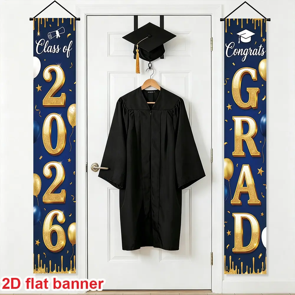 Graduation Party Banner Set, Blue Background with Ribbon Diploma Cap Design, Polyester Material, Indoor Outdoor Hanging Decoration, Graduation Party Decorations