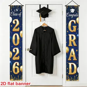 Graduation Party Banner Set, Blue Background with Ribbon Diploma Cap Design, Polyester Material, Indoor Outdoor Hanging Decoration, Graduation Party Decorations