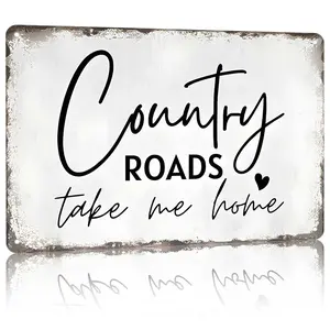 "Country Roads Take Me Home" Metal Sign 12x8 Inches – Aluminum Rustic Farmhouse & Country Music Wall Decor with Heart Accent Decorating Decorations Supplies  bedroom, living room, front porch and backyard patio.