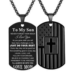 To My Son Necklace from Mom Dad, Tag Cross Necklace for Men, American Flag Birthday Christmas Gifts for Son in Law Grandson Daughter Granddaughter Family Jewelry