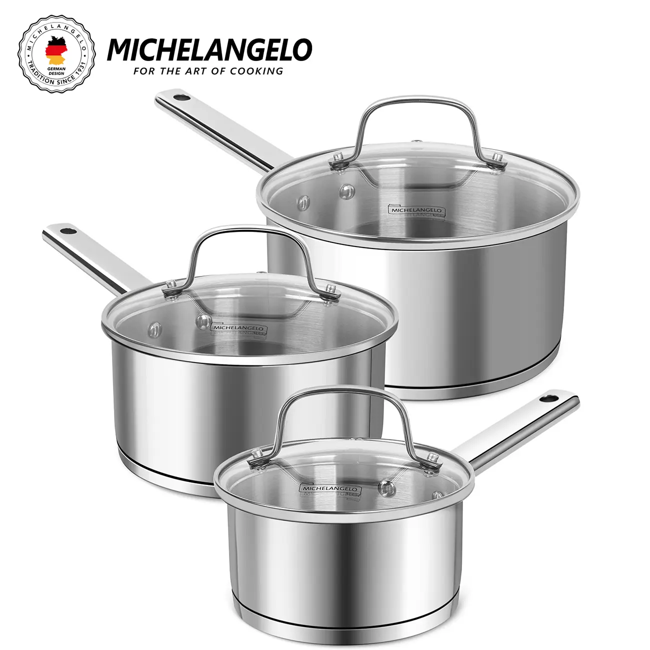 MICHELANGELO Stainless Steel Saucepan Set with Lids, Tri-Ply Base, Induction Compatible, 1QT, 2QT & 3QT