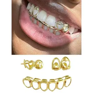 1 Set Fashion Women’s Dental Grillz Double Hollow Heart Combo Hollow Heart Star Hip Hop Teeth Grillz for Parties/Clubs, Includes Removable Silicone Molds, Adjustable for Men & Women, Holiday Gift