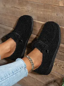 Women's Fall Winter Casual Loafers, Slip on Flats, Low Top Lace-Up Flat Shoes, Warm Fleece Lining, Comfortable Fashion Footwear for Daily Wear, Fluffy Flats