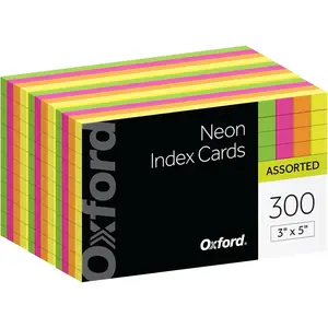 Oxford Neon Index Cards, 3" x 5", Ruled, Assorted Colors, 300 Per Pack (81300EE)