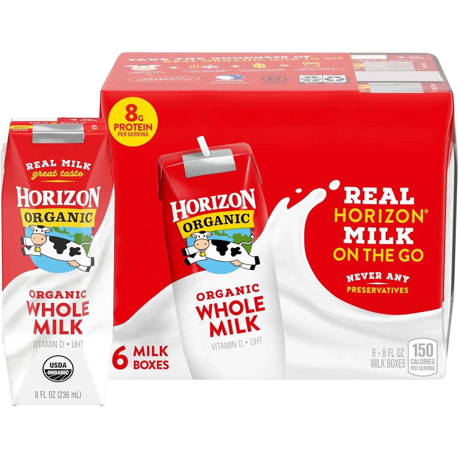HORIZON ORGANIC Organic Whole Milk 6pk, 48 FZ | 8g Protein per Serving, USDA Organic, No Refrigeration Required, Lunchboxes, On The Go, For Adults & Kids