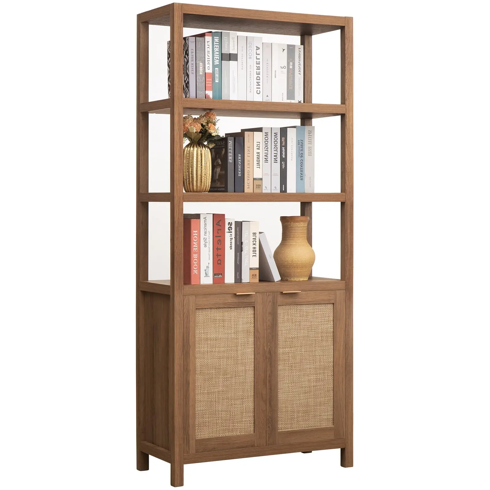 SICOTAS 5-Tier Rattan Boho Bookshelf Book Rack - 71" Height Engineered Wood Bookcase with Doors, Adjustable Shelves, Elevated Display Shelf, Anti-Slip Pads, Includes Hardware for Living Room, Bedroom