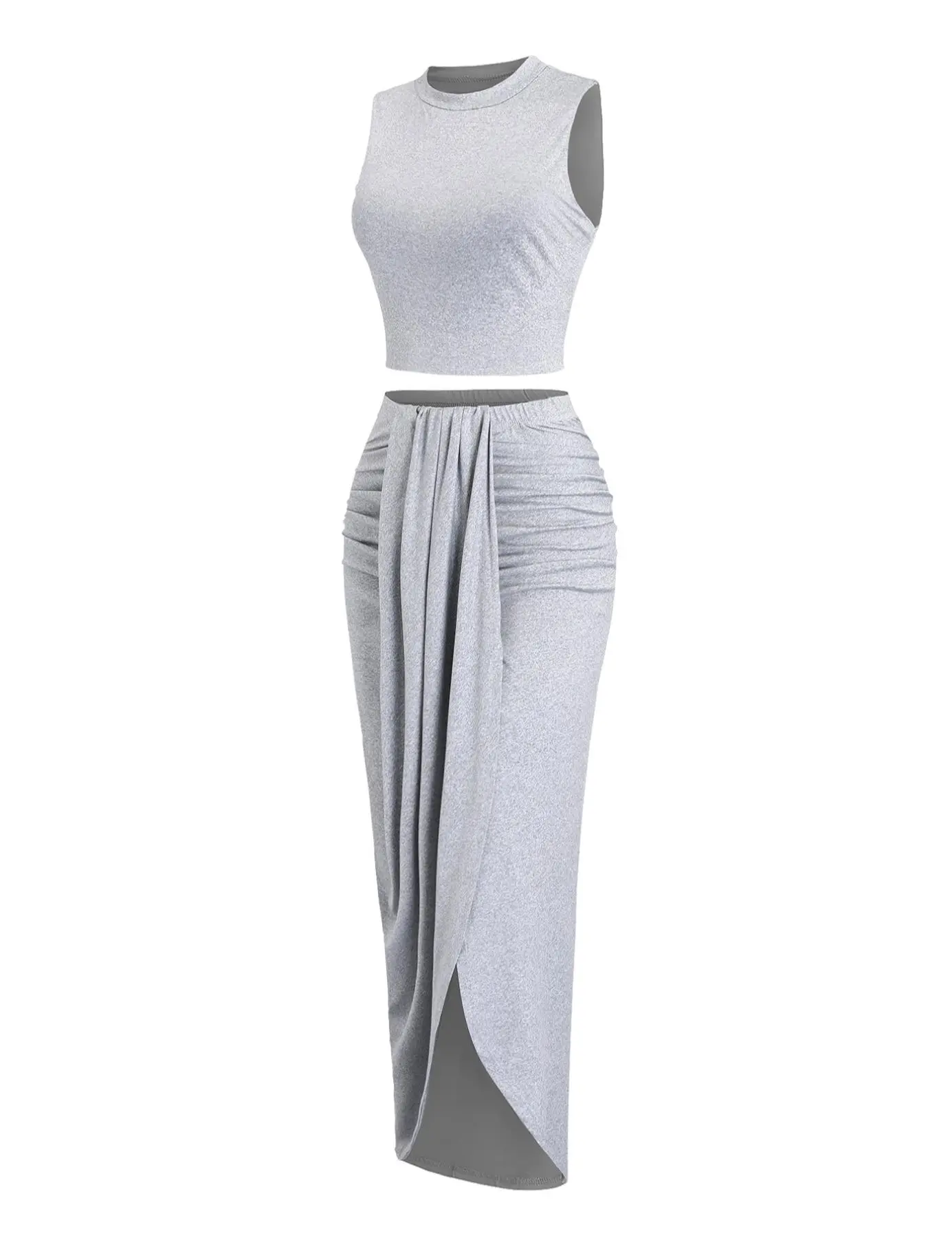 Women's Solid Jersey Crop Tank Top & Ruched Asymmetrical Hem Split Skirt Set, Womenswear Clothes, Basic Casual Mock Neck Sleeveless Top & High-Waist Wrap Skirt, Cute Chic Summer Outfit, Cropped Top Set