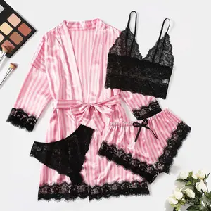 Lianyungang Sexy Lingerie Pink Striped Jacket Lace Bra & Panties Four-Piece Set Women's Bridal Spaghetti Strap Dressing Gown Womenswear