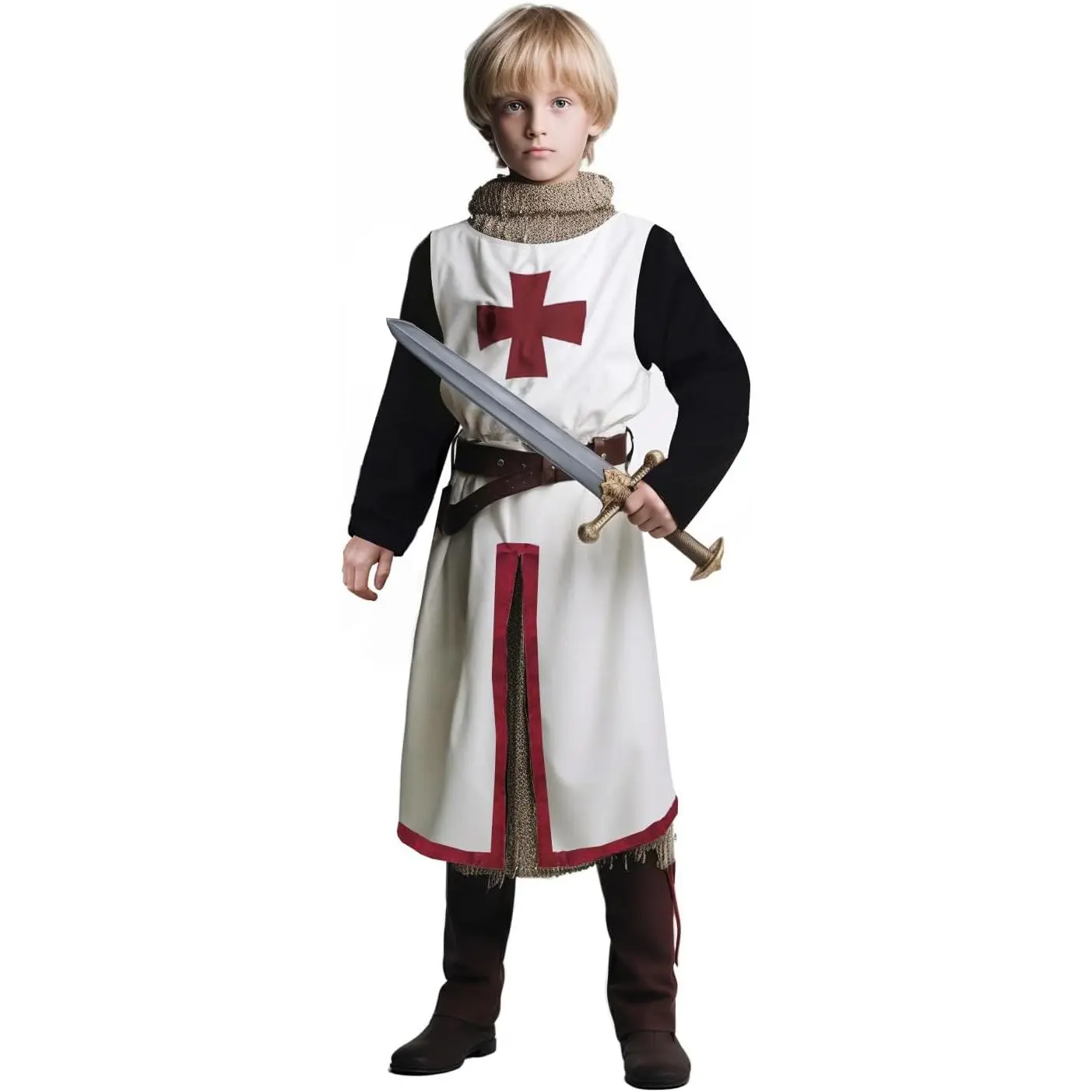 Kids Crusader Costume White Medieval Knight Tunic Boys Outfit Renaissance Roman Warrior Costume Halloween with Belts