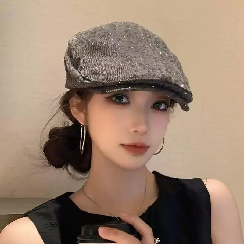 American Retro Leopard Print Cap Versatile for Spring Summer Face Flattering Beret Trendy Street Style Backwards Baseball Cap
