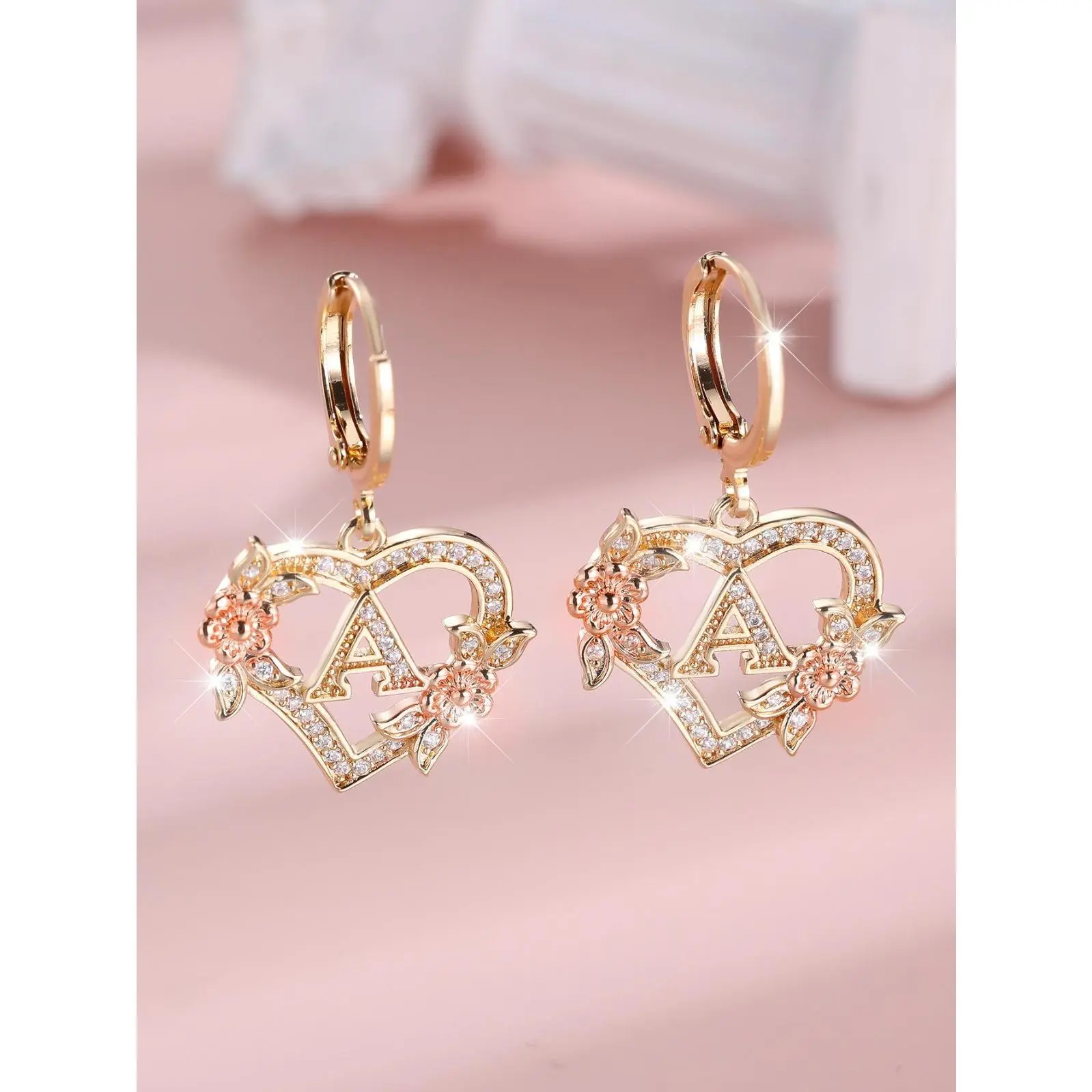 Women's Gold-Tone Heart Hoop Earrings - Dainty Fashion Jewelry with A-Z Initial Heart Letters, Flower Design, Artificial Zirconia, Copper Base, Biker-Nordic-Masonic Style, Lasting Luster for Wedding, Anniversary, Daily Wear Gift