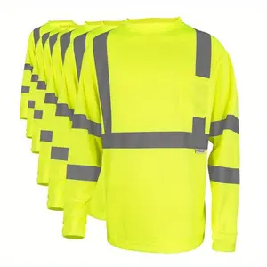 6PCS ANSI Hi-Vis Reflective Long Sleeve Safety T-Shirt - Neon Green/Yellow, Breathable Cotton Feel, Chest Pocket (For Work/Warehouse/Outdoor/Night Fishing)