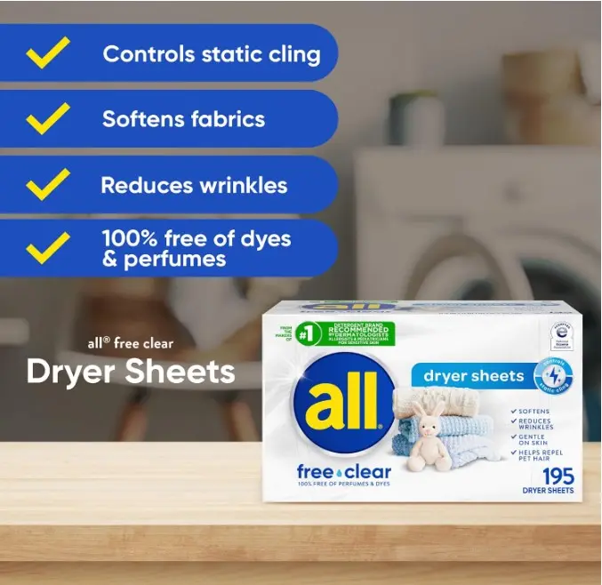 all free clear Fabric Softener Dryer Sheets for Sensitive Skin, 195 Count