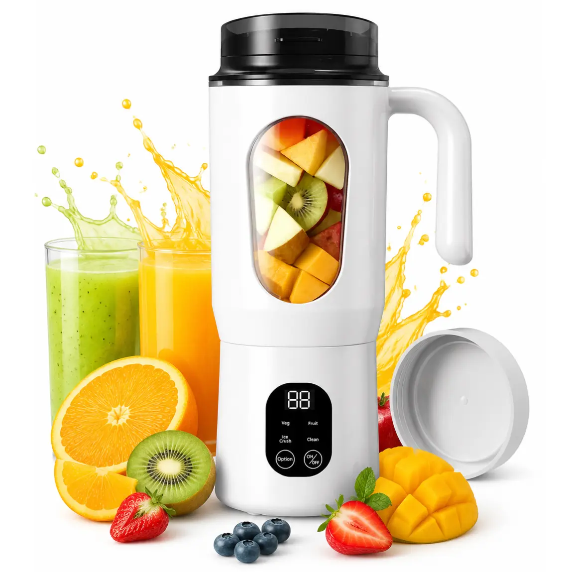 Portable Blender, 580ML Blenders for Smoothies with LED Display | 12-Blade USB-C Rechargeable Blenders with Handle & Extra Lid, Travel Blender for kitchen, office, outdoor, Gym or sports