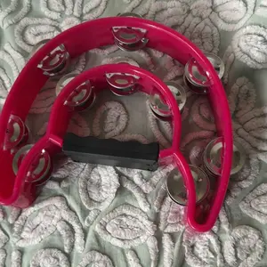 Musical Tambourine Half Moon Double Row Metal Jingles Hand Percussion Drum Ergonomic Handle for Party KTV Pink woman gift