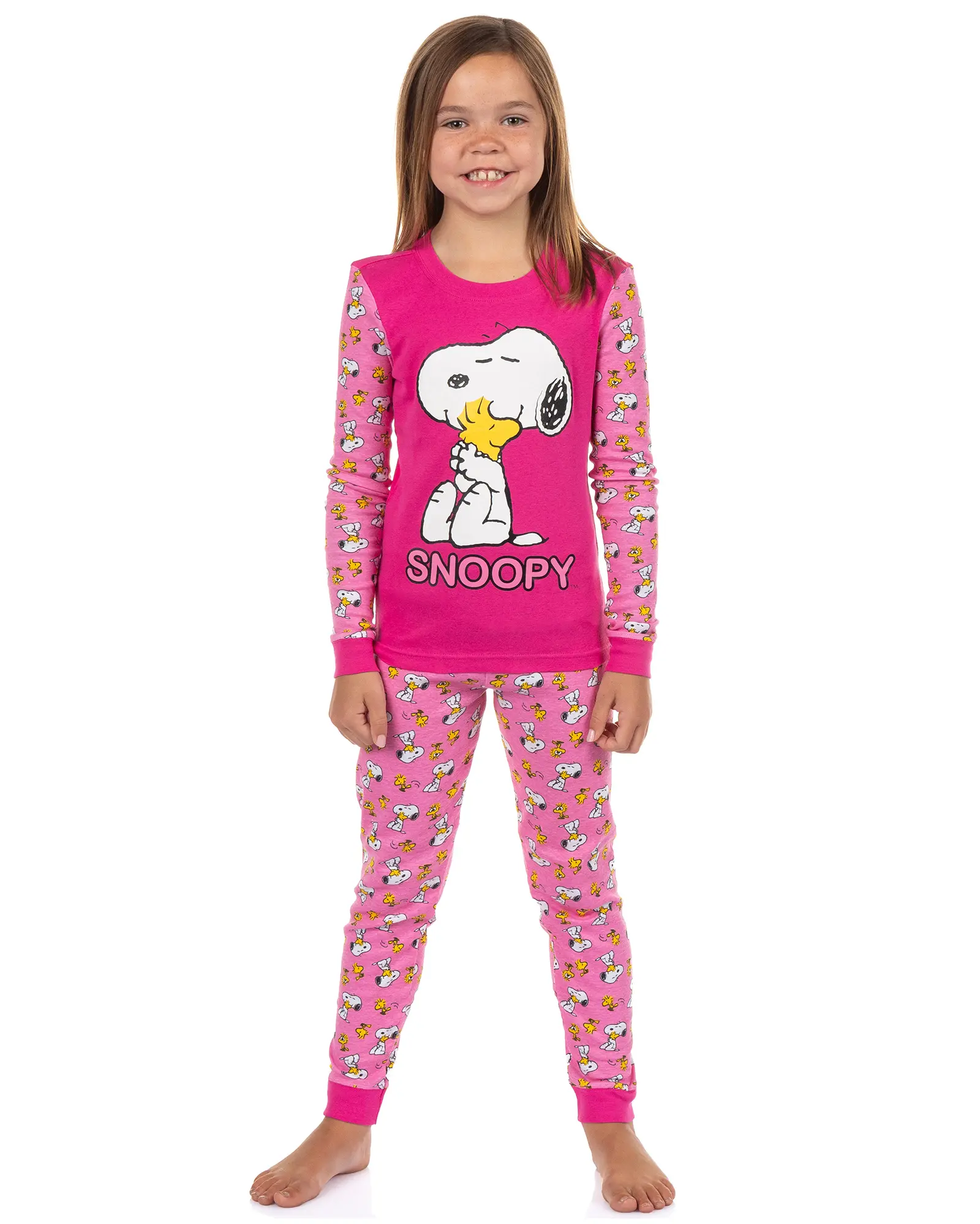 PEANUTS Girls' Cartoon Print Sleepwear, Snoopy and Woodstock Hug-Tight Fit Pajama Sleep Set, Cartoon Colorful Sleepwear, Pajama Lounge, Loungewear Pajama