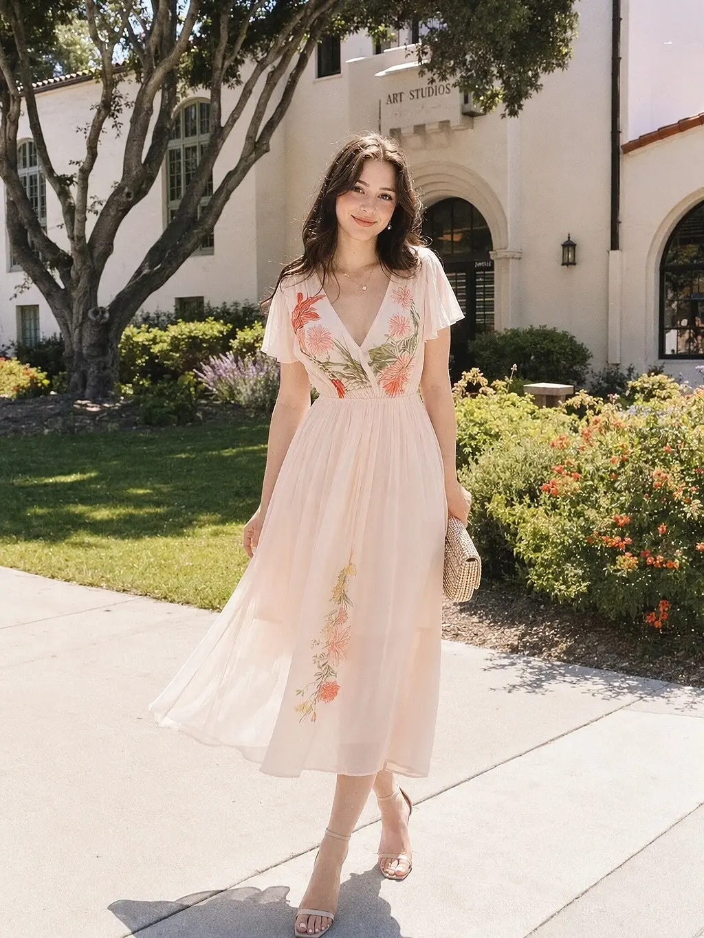 Pink 1940s V-Neck Ruffle Sleeve Floral Print Dress Holiday Wedding Guest Dress Fall Wedding Guest Outfit BackToSchool Sohochic Fall Dresses Fall outfits Fall fashion