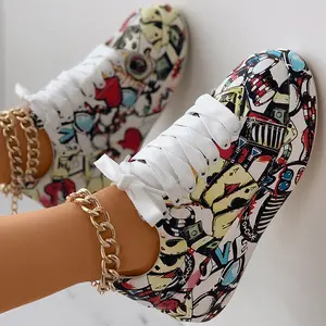 Unique Lace-Up Front Painting Print Platform Sneakers - Secure Fit & Modern Style for Casual Wear with Platform Design & Painting Print