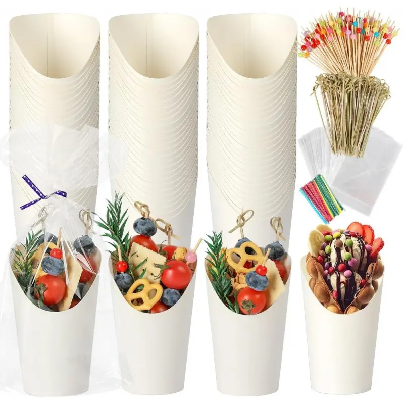 100pcs 12oz White Charcuterie Cups, 200pcs Cocktail Skewers + 100 Bags, Disposable Paper Snack Cups for Charcuterie, Appetizers, Fruits, Parties and Catering