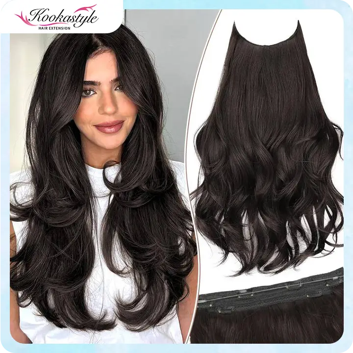 [ kookastyle ] 20inch Invisible Wire Synthetic Hair Extensions 20‘’ Long Wavy Layered Synthetic Clip in Hair Extensions with Transparent Wire Adjustab
