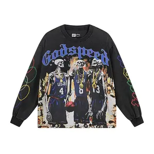 NEW Godspeed skeleton Logo Basketball Print tee Men washed Long sleeved T-shirt