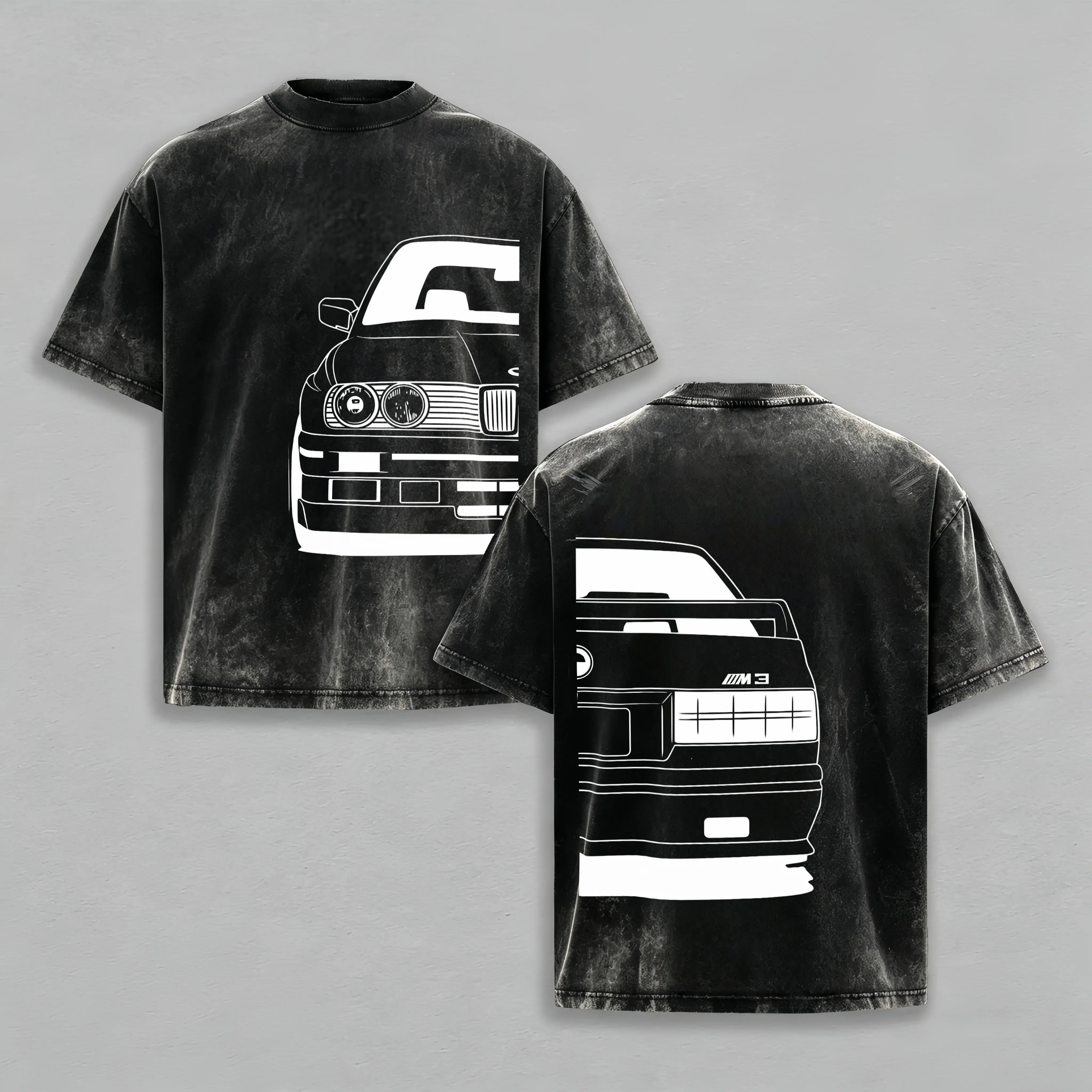 Mens Vintage Washed E30 M3 Graphic T-Shirt - Short-Sleeve, Stylish, Casual Menswear Top, Double-Sided Classic German Car Oversized Tee for BMW Enthusiasts
