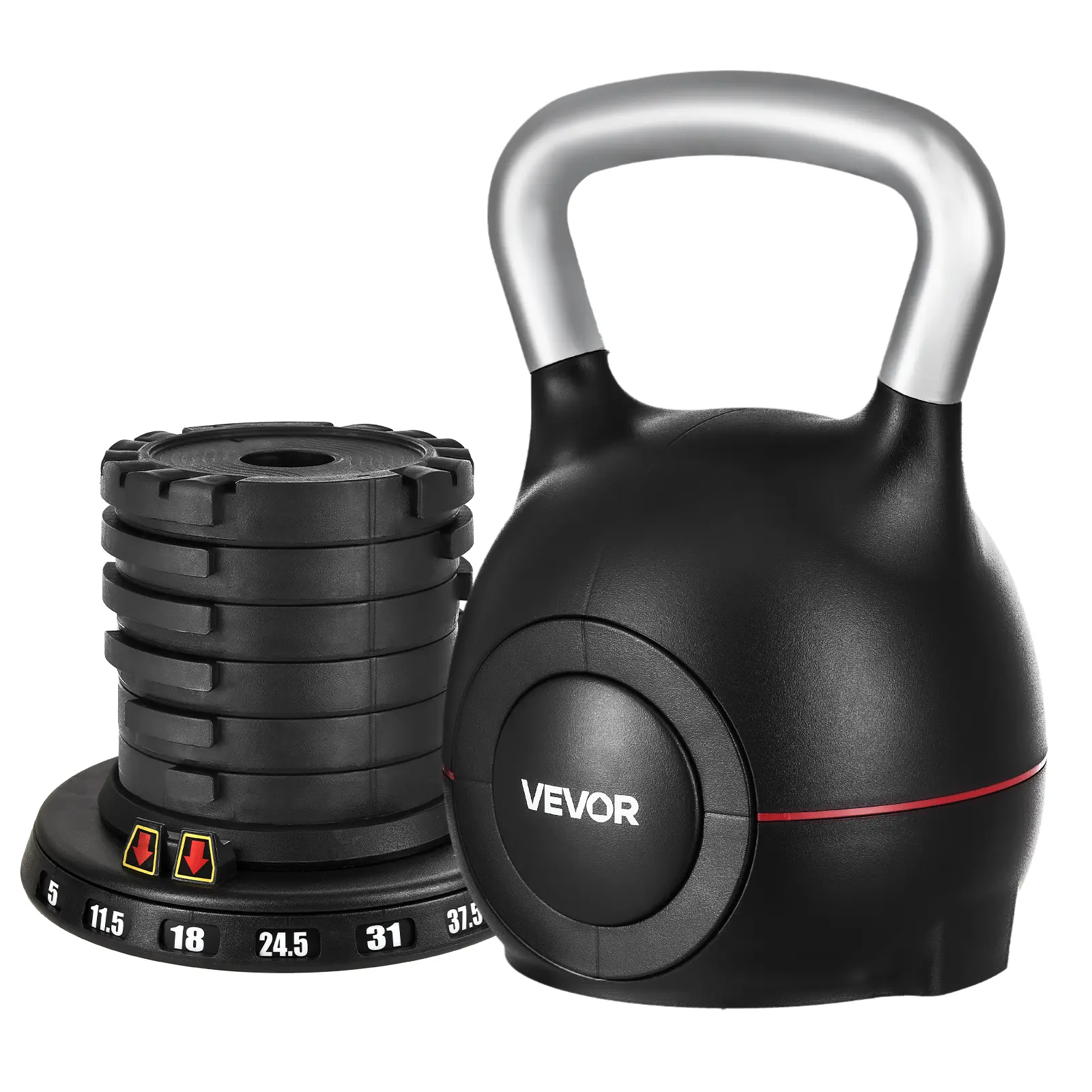 VEVOR Adjustable Unisex Kettlebell Weights, 7 Levels (5,11.5,18,24.5,31,37.5,44 lbs), Die-Cast Aluminum & ABS Material, Home Gym Fitness Equipment for Grip Strength & Full Body Training, 11.5 Lbs, At Home Gym Equipment, Flat, Electroplating Handle