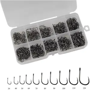 500-piece fish hook set with looped hooks and black handle