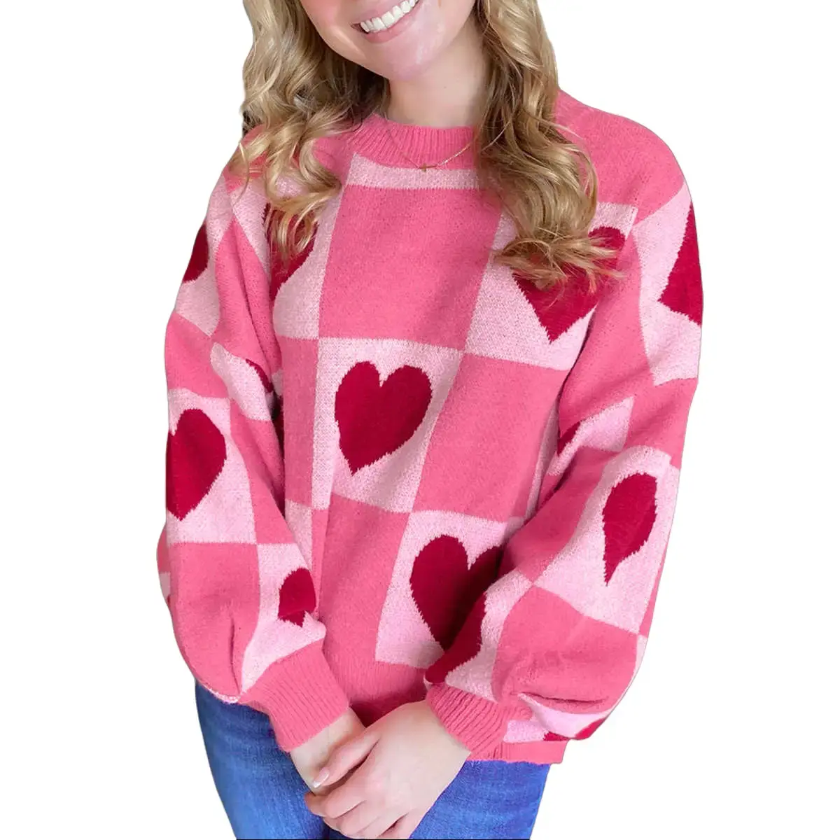 Women's Casual Pink Love Heart Checkered Valentine Crew Neck Long-Sleeve Sweater - Day Wear, Flattering Fit